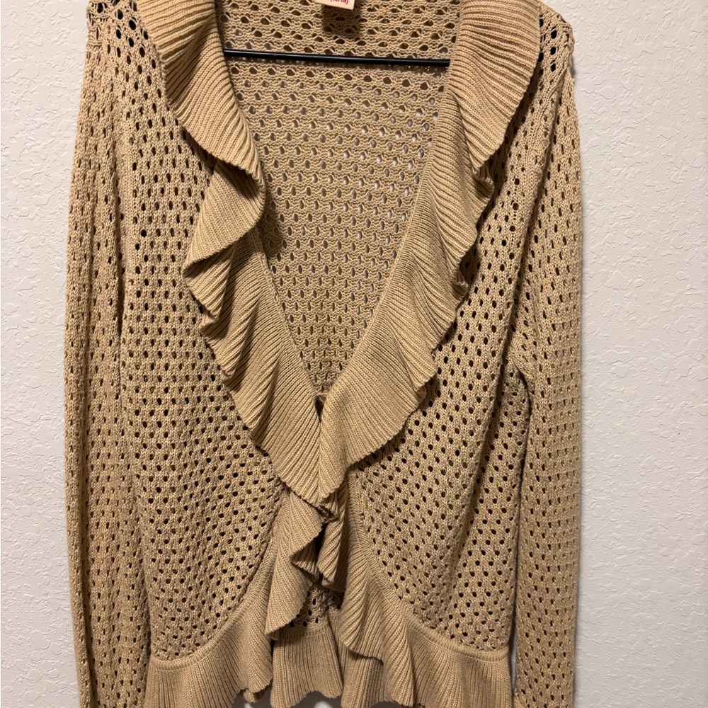 Vtg Pointelle Knit Cardigan XL Tan Ruffle Bell Sleeve Coquette Coastal Boho Doll - Picture 5 of 16